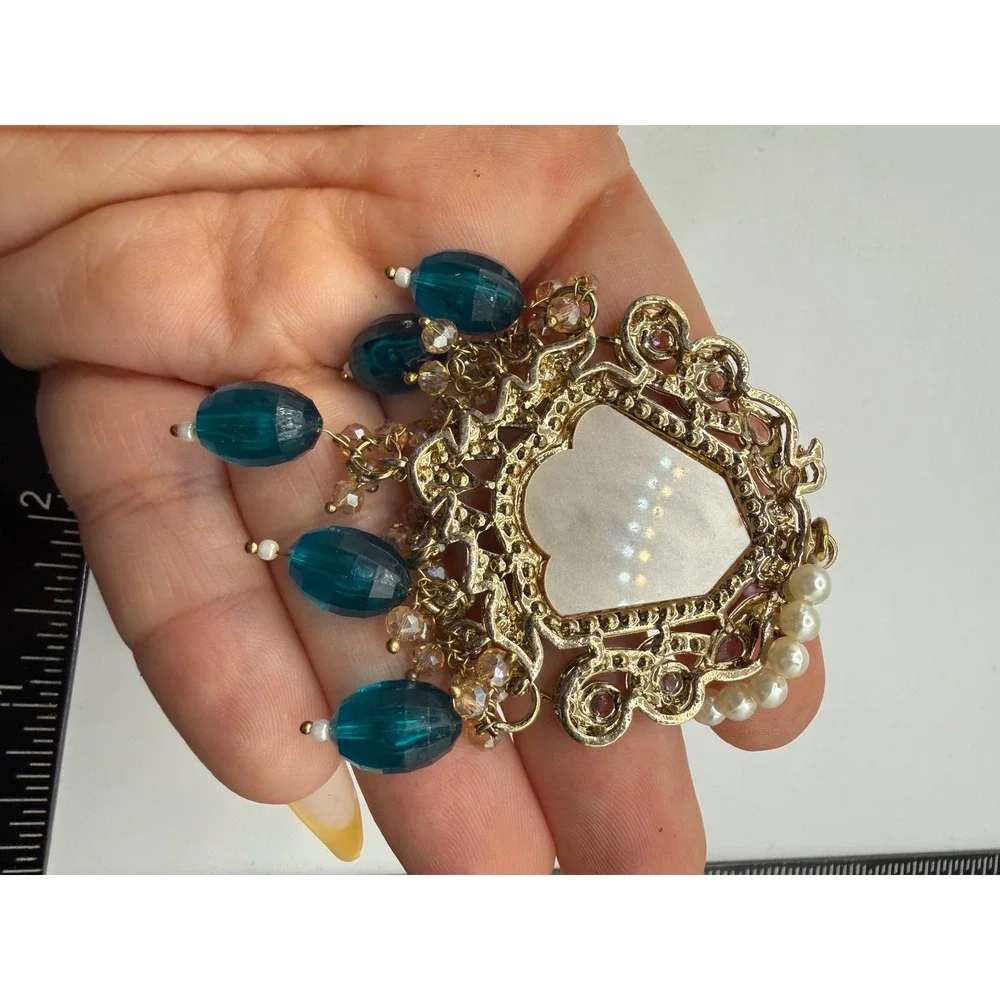 Traditional‎ Indian Maang Tikka Gold Tone Teal Blue Beads Faux Pearl Headpiece
